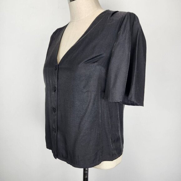 Frank And Oak Button Front Blouse Womens M Black V-Neck Flutter Short Sleeve - Picture 2 of 8